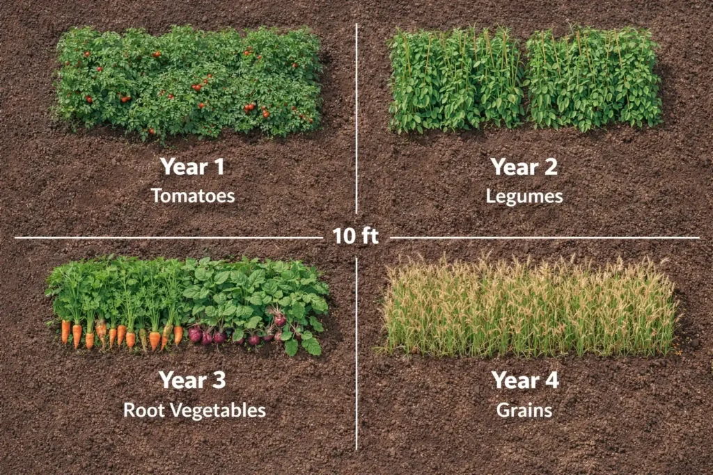 four section crop rotation infographic showing solanaceae legume root vegetable and grain year sequence