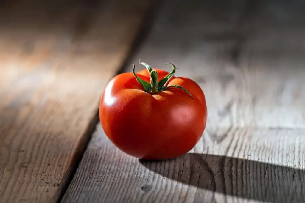 a deep red ripe tomato with glossy skin showing signs of full ripeness