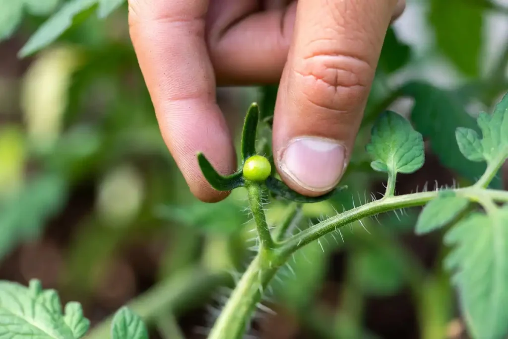 farmer removing a small shoot growing between the main stem and a leaf branch on a tomato plant