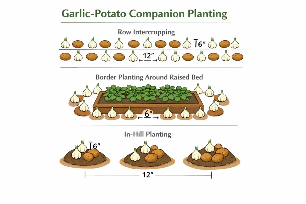 Infographic listed three spacing layouts for planting garlic with potatoes
