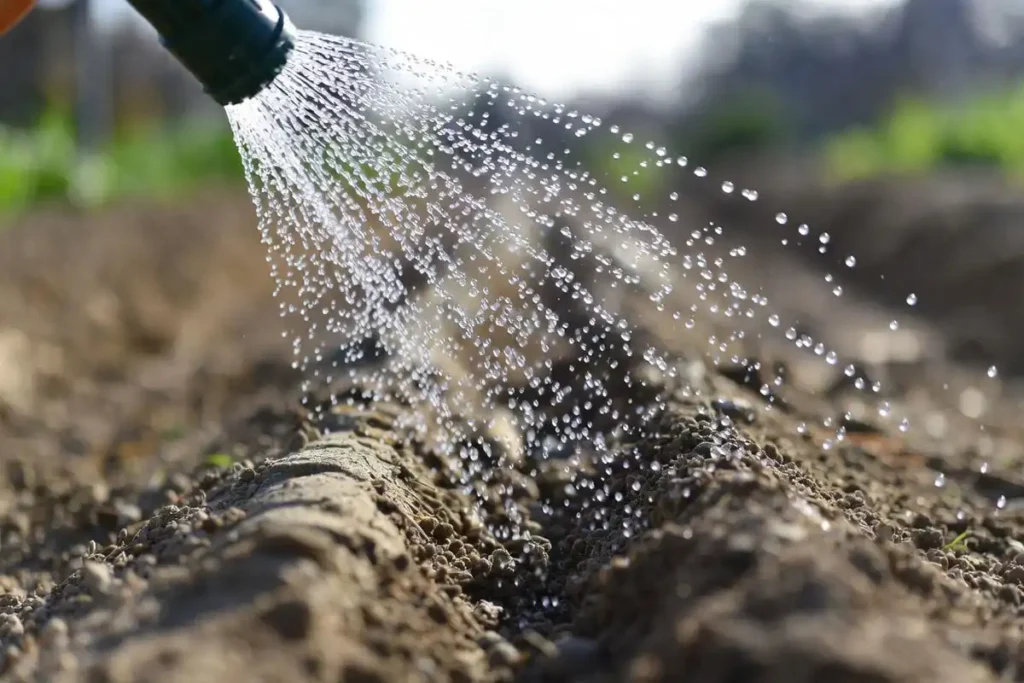 gentle watering keeps carrot seed row intact