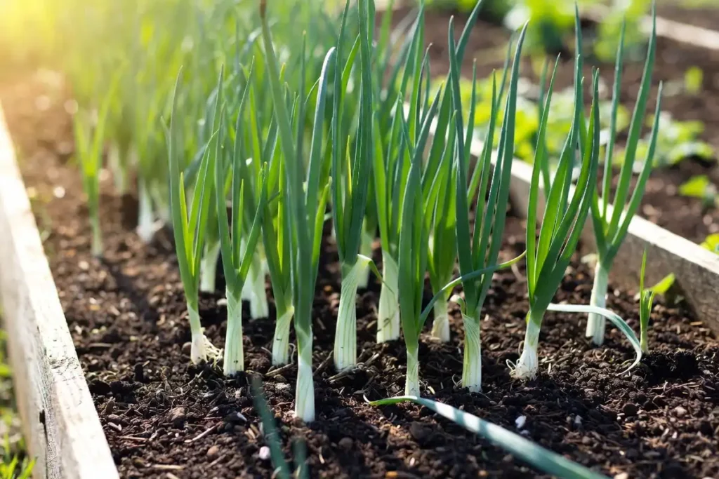 Fresh green scallions growing in rows in a raised bed garden