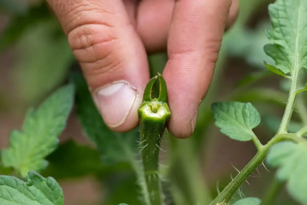 fingers pinching off a small sucker from a tomato plant