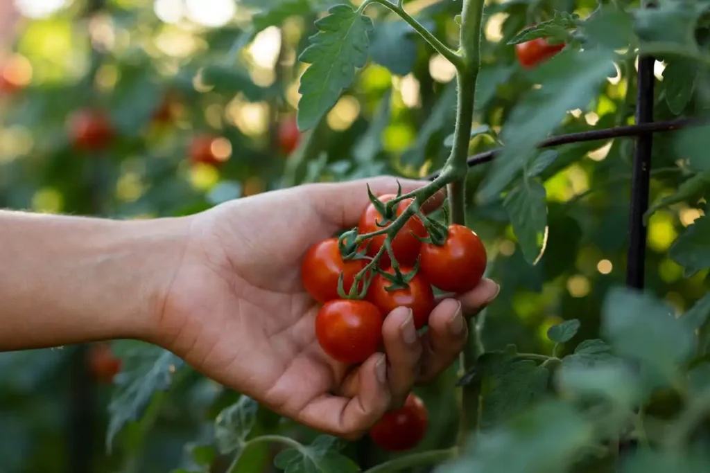 farmer hand picking bright red cherry tomatoes off a green garden vine