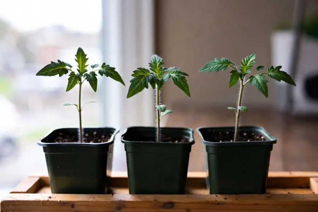 three tomato seedlings in nursery pots showing true leaves on potting bench