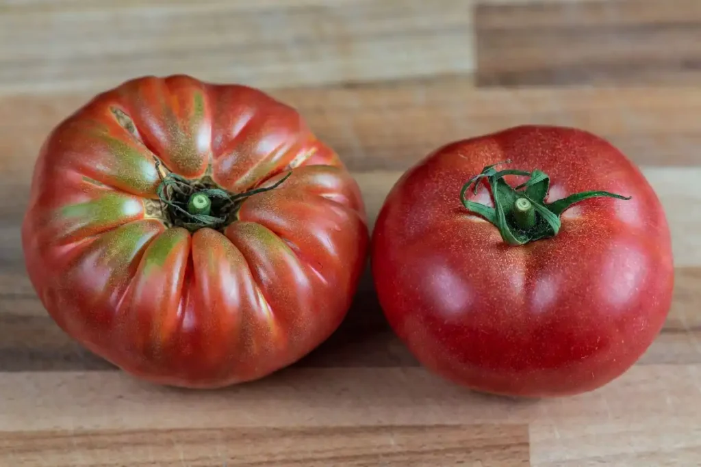 heirloom tomato and hybrid tomato side by side on wooden surface