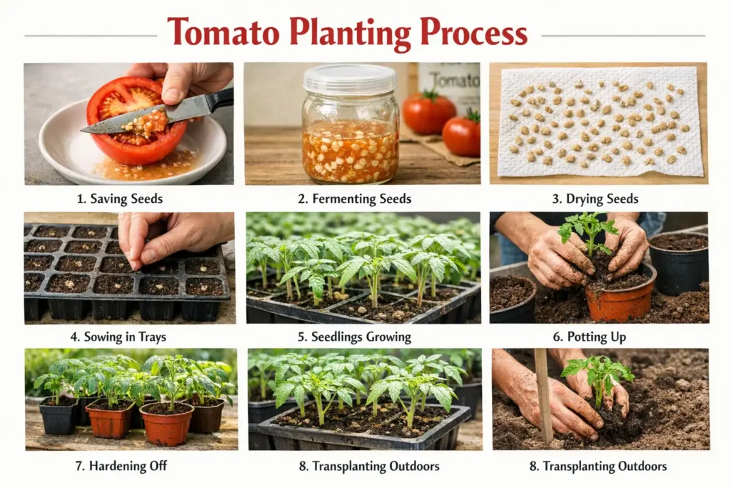 step by step visual guide showing how to save and plant tomato seeds from fresh fruit