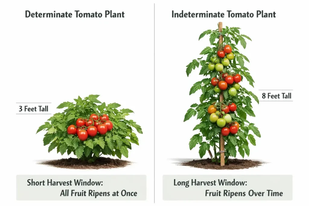 side by side comparison of a short bushy tomato plant and a tall vining tomato plant