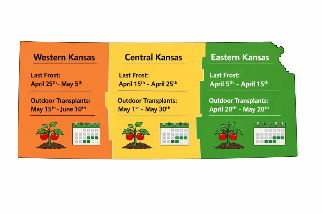 Kansas state map showing three regional tomato planting zones with frost dates