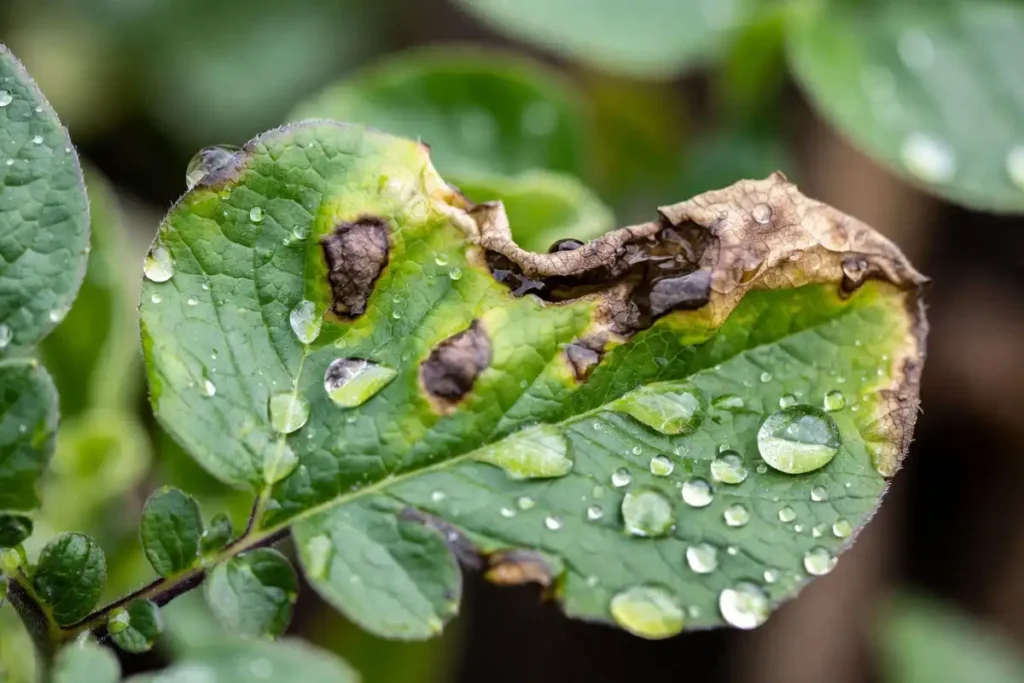 Potato leaf showing brown late blight lesions from Phytophthora infestans
