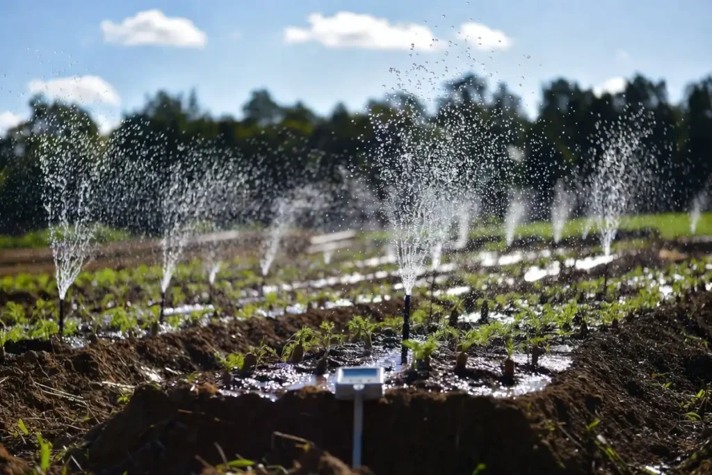 sprinkler mist keeping carrot seedbed evenly moist