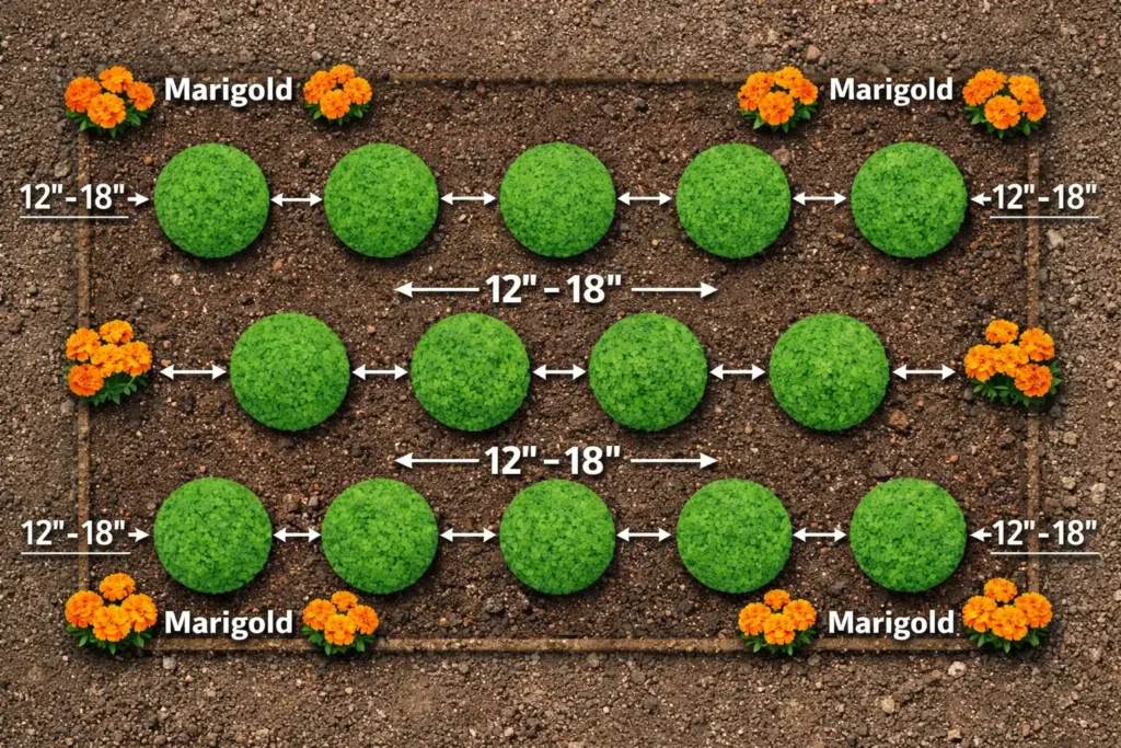 overhead garden bed diagram showing correct spacing between marigold and tomato plants
