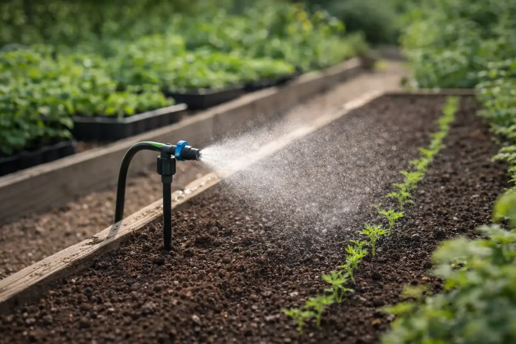 fine mist sprinkler keeping seedbed surface evenly moist