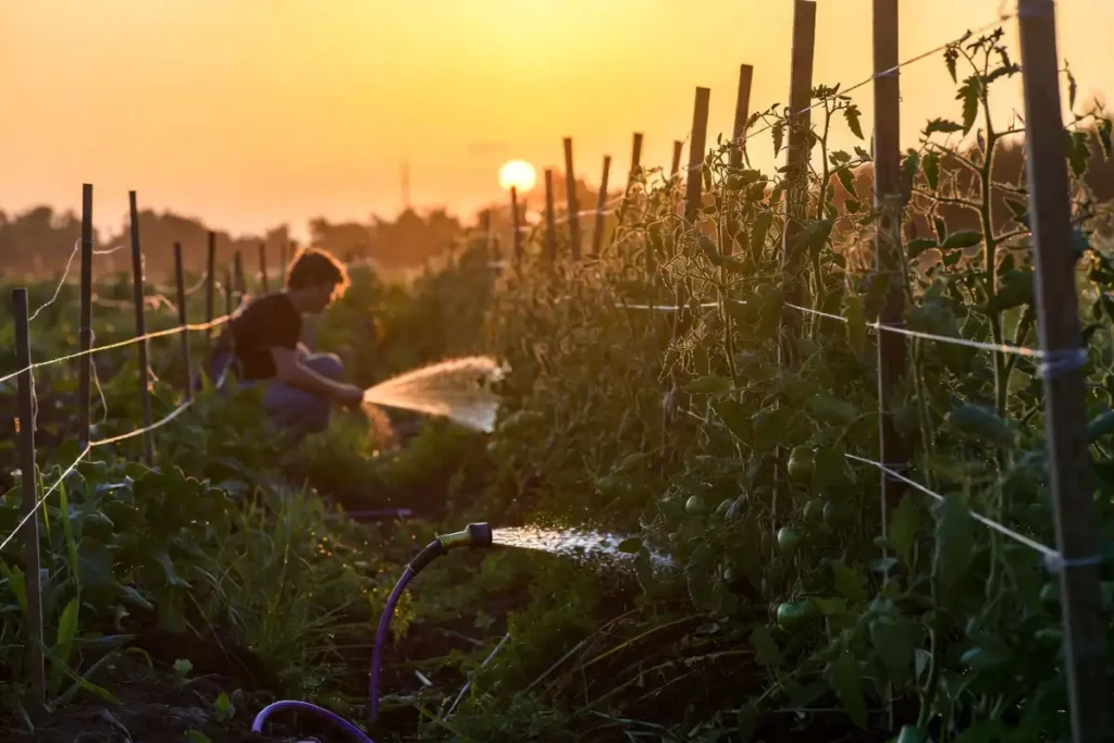 early morning watering at the base of tomato plants in a vegetable garden