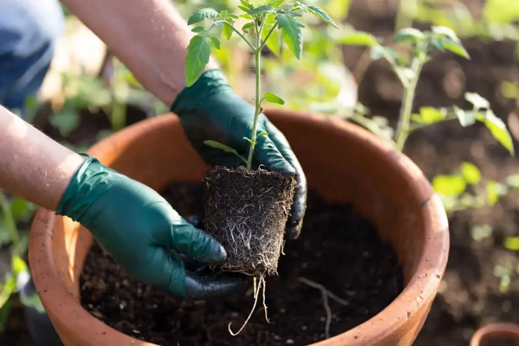 gardener repotting a young tomato plant from small pot into a larger container