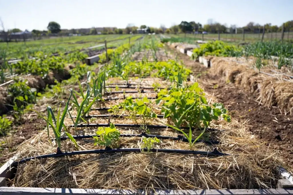 Raised bed with garlic and potato rows growing through straw mulch