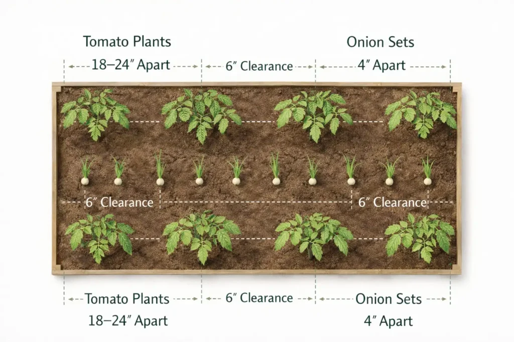 illustrated spacing guide showing measurements between onion sets and tomato plants in a shared bed