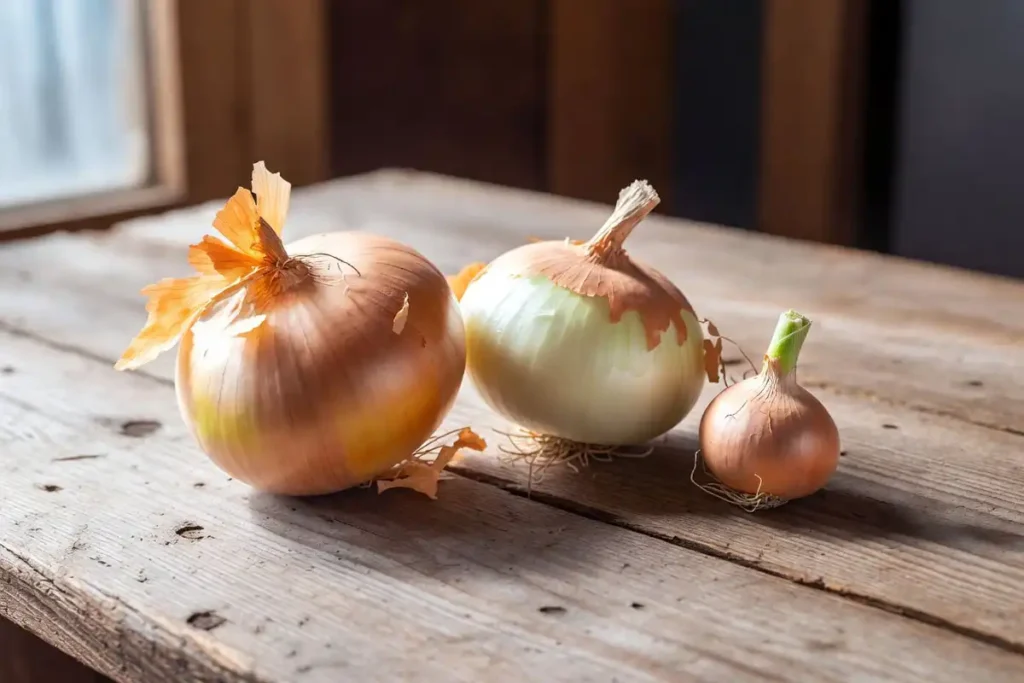 Three onion bulbs showing different growth stages on wooden table