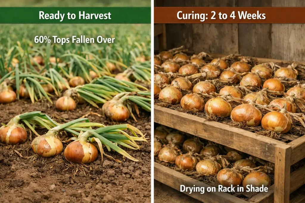 Onion harvest timing and curing process illustrated