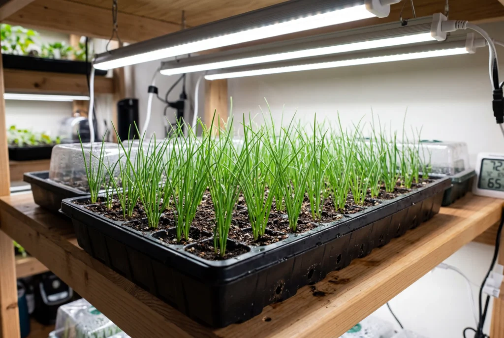Onion seedlings in tray under indoor grow lights