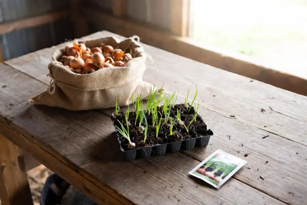 Onion sets and seedling transplants on wooden table