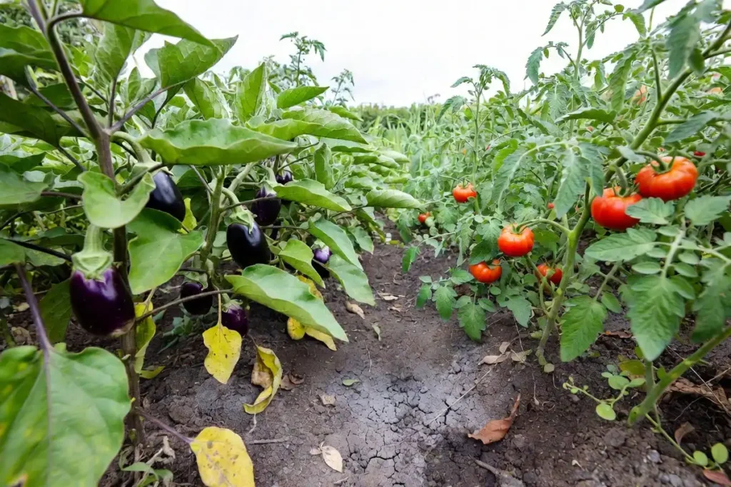 densely packed tomato and eggplant plants showing poor airflow in a garden row