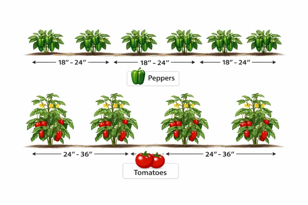 illustrated garden row layout showing correct spacing between pepper and tomato plants