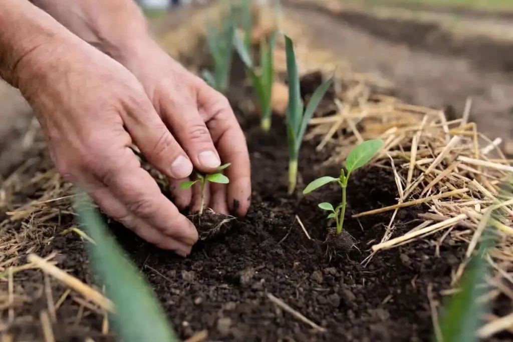 Farmer planting garlic clove next to a seed potato in prepared soil