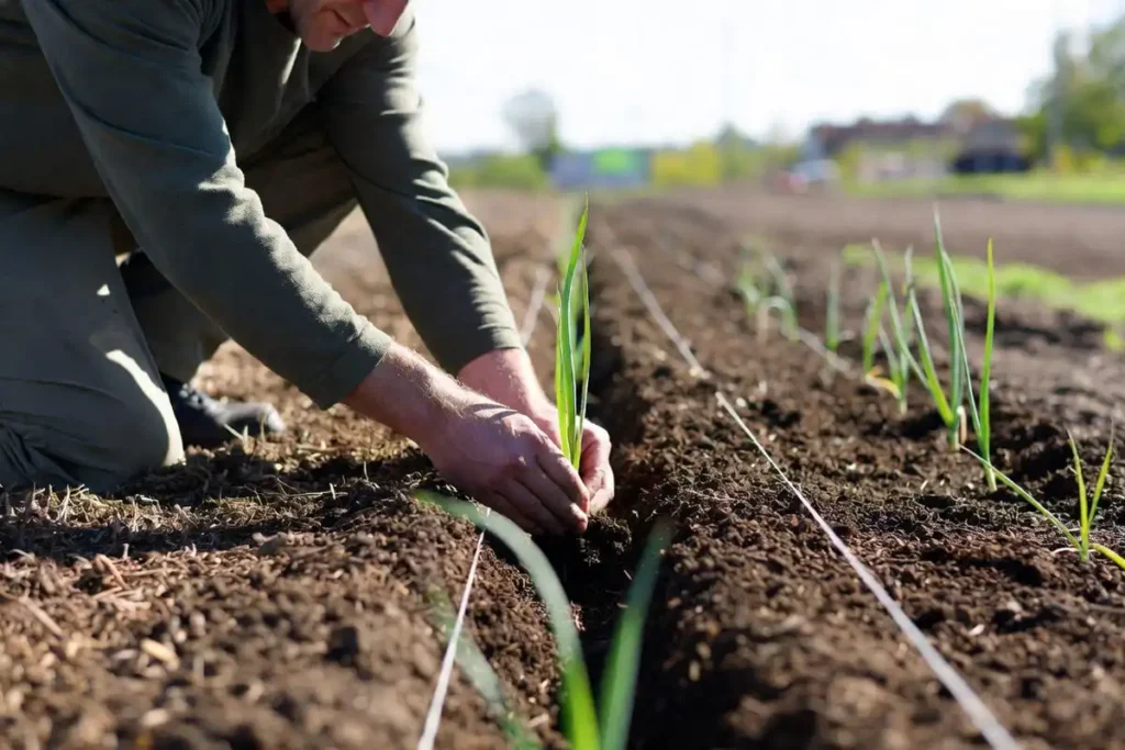Farmer placing onion bulbs pointed end up in soil trench