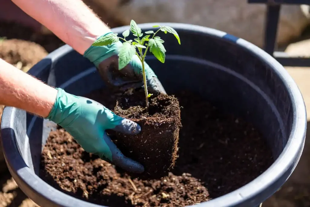 gardener burying tomato transplant stem deep in a large pot
