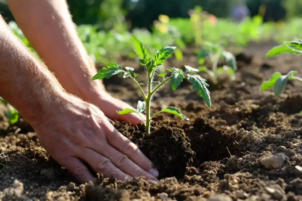 gardener burying a tomato seedling stem deep into dark prepared garden soil with both hands