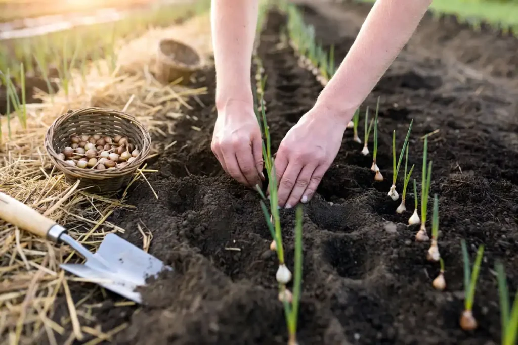 Gardener planting walking onion bulbils into prepared soil in autumn