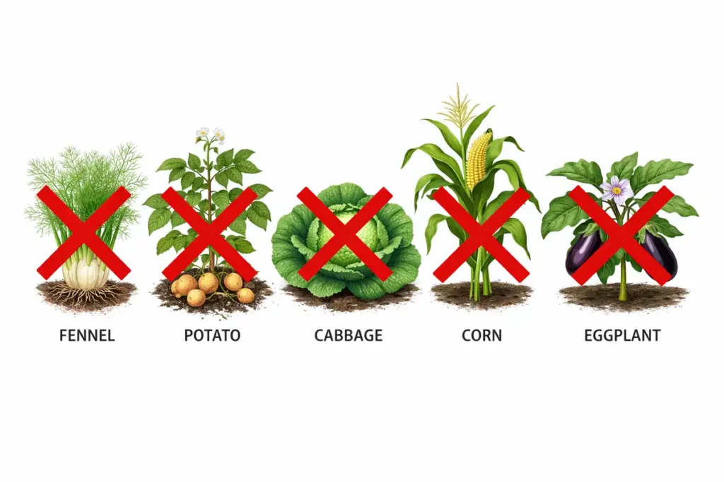 infographic showing plants that should not grow near tomatoes in a garden bed