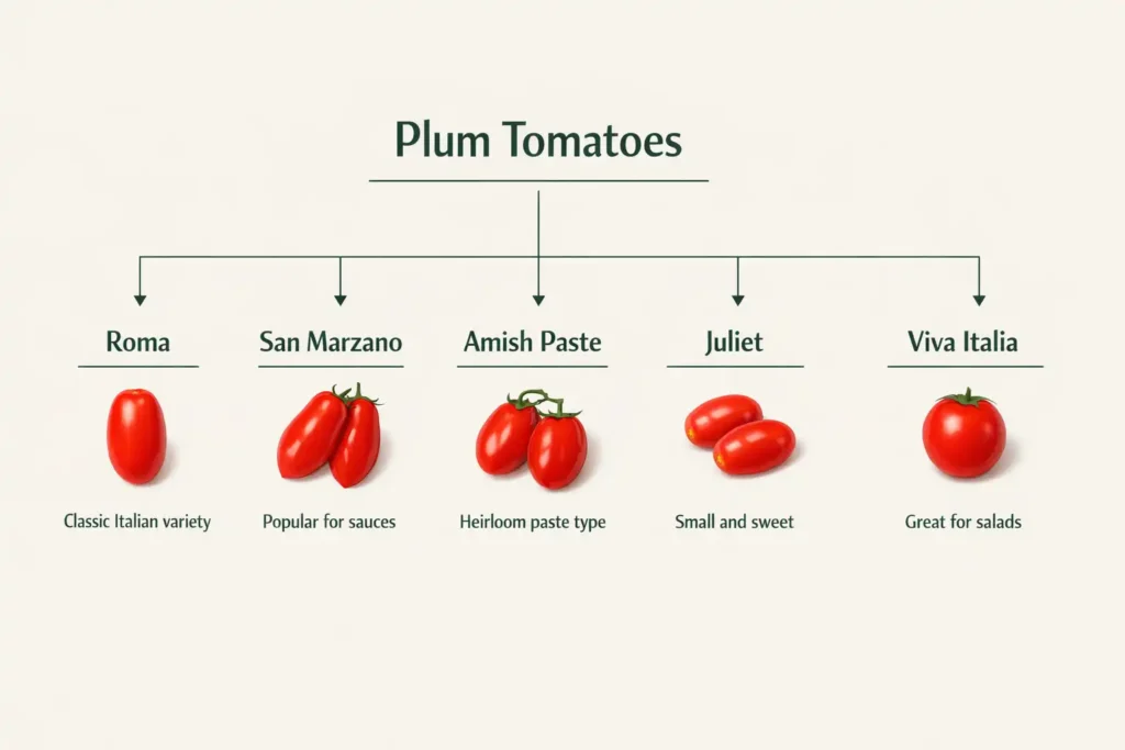 infographic showing plum tomato category with Roma San Marzano and other paste varieties listed below