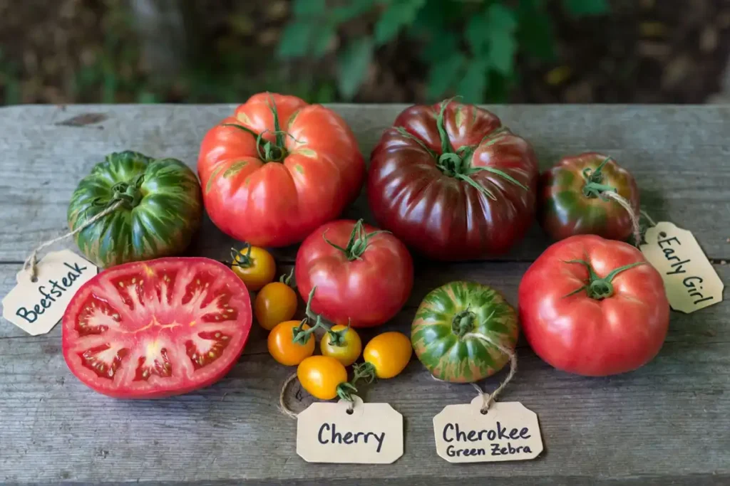 different types of tomatoes including cherry heirloom and beefsteak varieties arranged on a wooden surface
