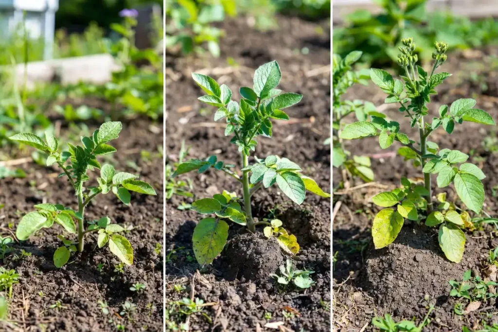 three potato plant growth stages showing correct height for each hilling round