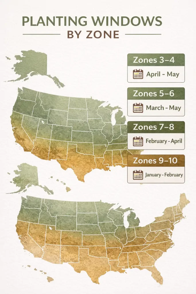 infographic showing potato planting dates for each US hardiness zone