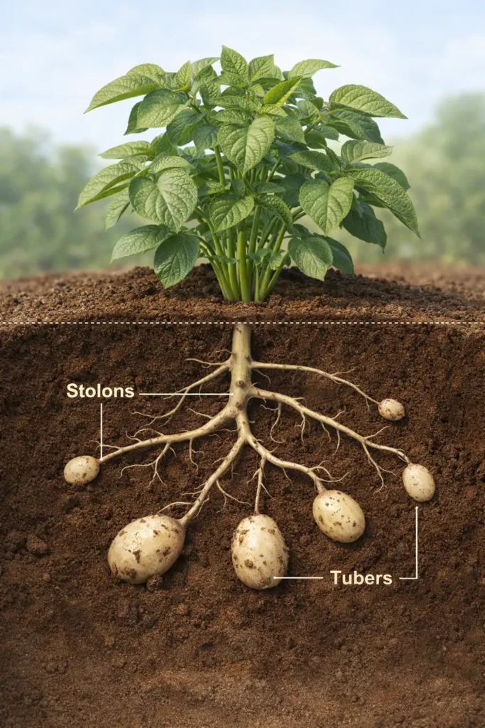cross section diagram showing potato stolons and tubers forming underground