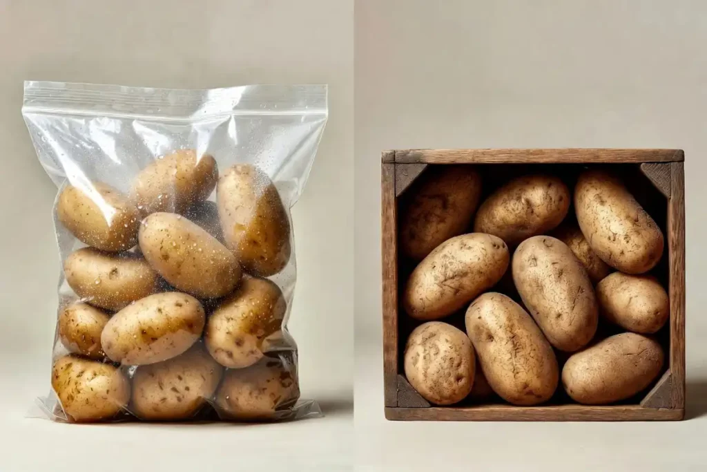 comparison of incorrect sealed bag storage versus correct open crate storage for potatoes