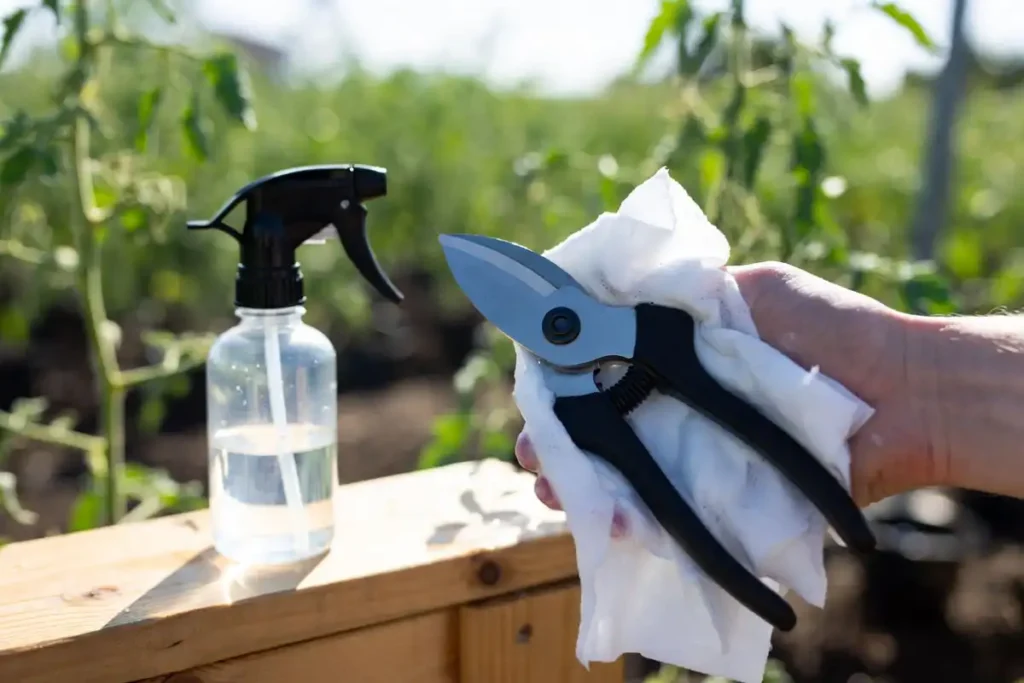 wiping pruning shears with sanitizing cloth between tomato plants
