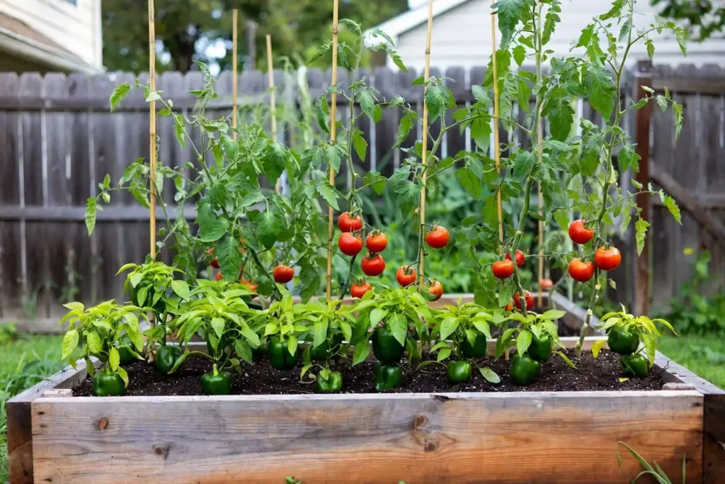 wooden raised garden bed filled with pepper plants in front and tall tomato plants at the back