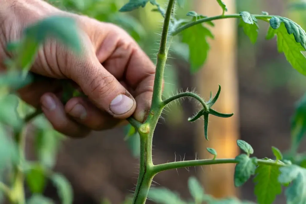 gardener pinching off a sucker shoot growing between tomato stem and branch