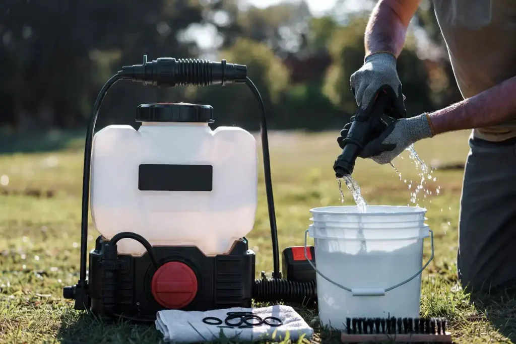 cleaning sprayer nozzle and checking O rings after spraying