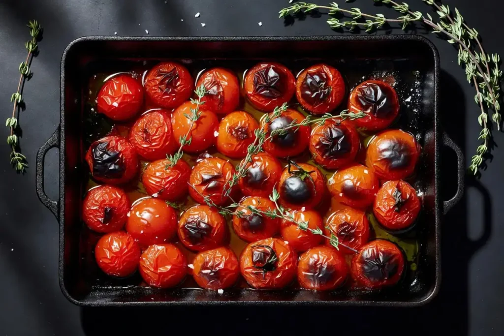 blistered cherry tomatoes caramelizing on a dark roasting pan in the oven