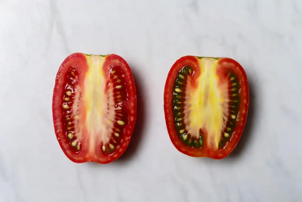 cross section of roma and san marzano tomatoes showing internal flesh and seed cavities