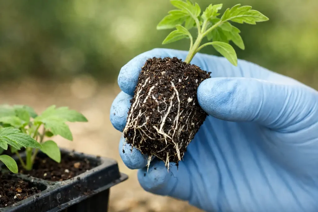 gloved hand showing tomato plug roots along the edge
