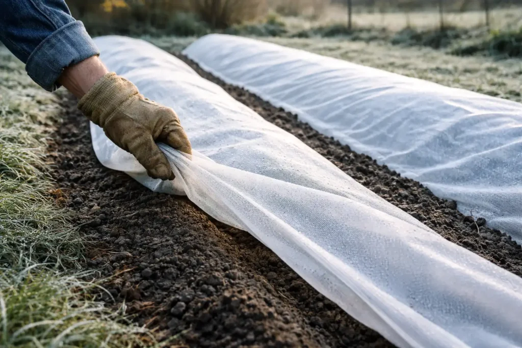 white row cover fabric draped over garden potato rows to protect from late frost