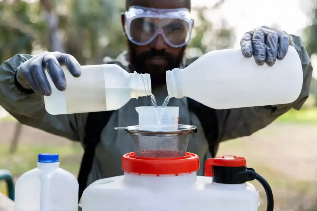 filling backpack sprayer through strainer while wearing PPE
