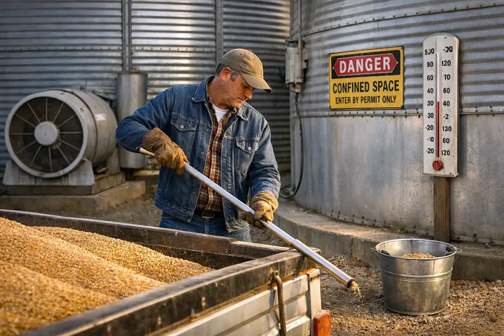 using a grain probe near a storage bin for a sample
