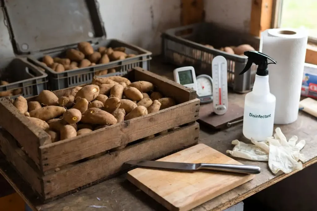 clean potato seed cutting tools on bench